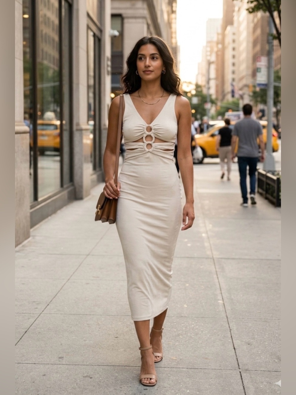 Meshki Beige Ring-Cut Midi Dress Sz S